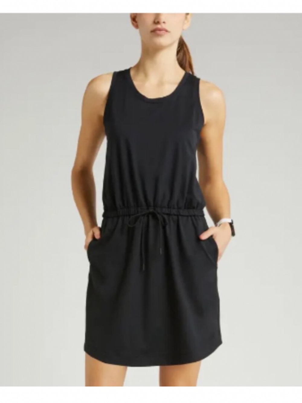 Zella Live In Dress Sleeveless Elastic Tie Waist Rounded Hem Pockets Black Sz M